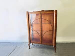 Original Art Deco Figured Walnut Display Cabinet Cabriole Legs 1930s