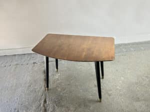Petite Mid-Century vintage side table, tapered black legs with brass ferrules